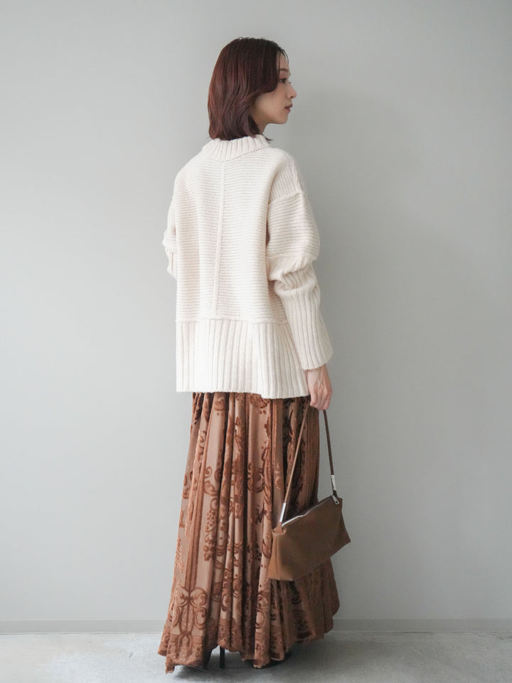[SET]編み地切替ボトルネックニットプルオーバー+アンティーク柄フロッキーマキシスカート(2set)