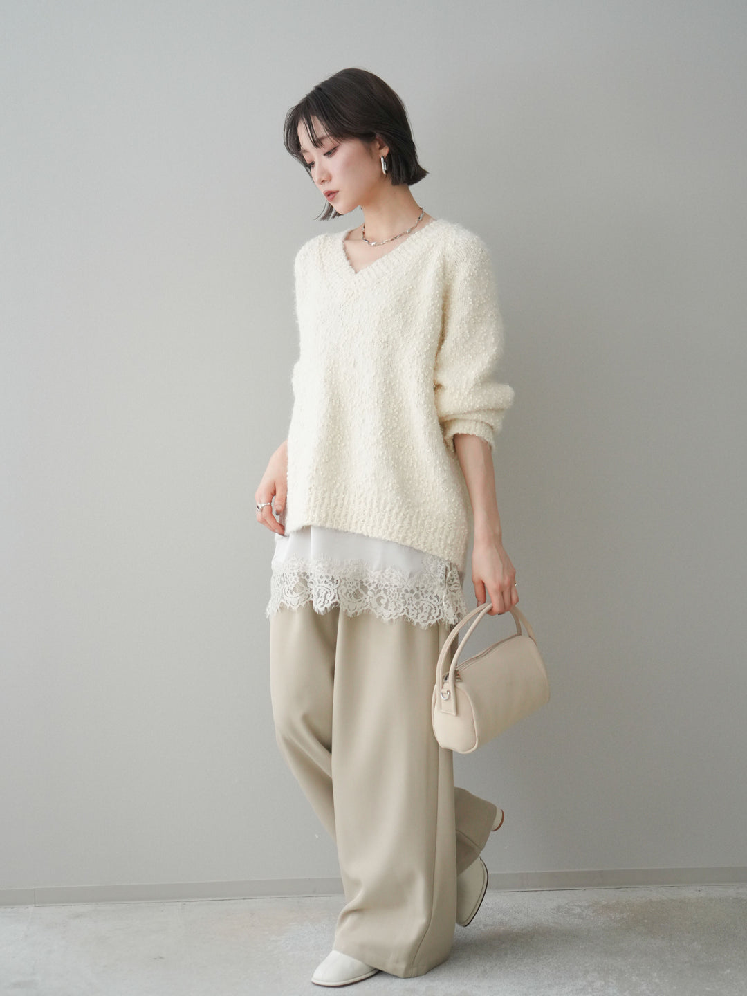 [予約]ウエストレースタックワイドパンツ/ivory