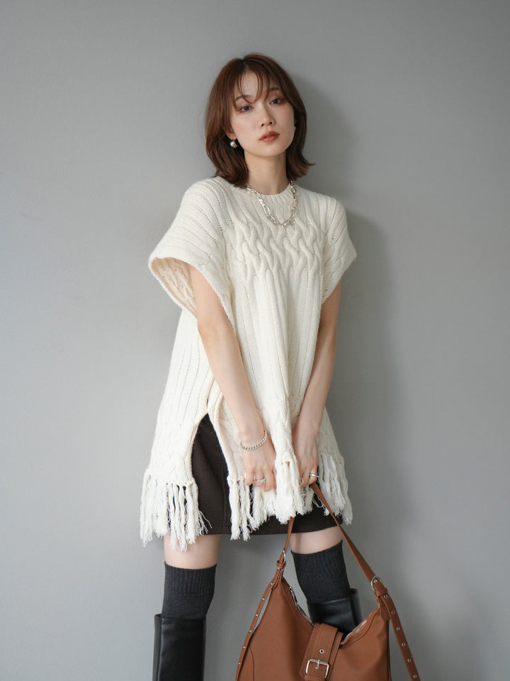 [予約]ケーブルニットフリンジベスト/ベージュ