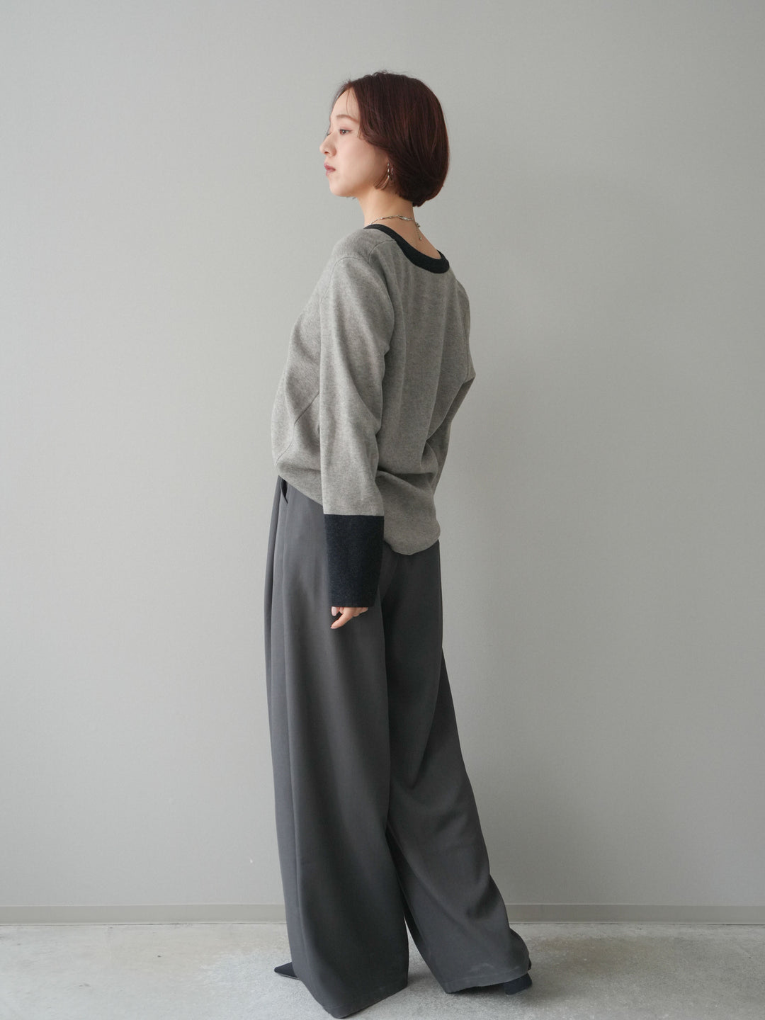 [SET]ヘンリーネック配色ニットソー+ベルトループデザインワイドパンツ(2set)