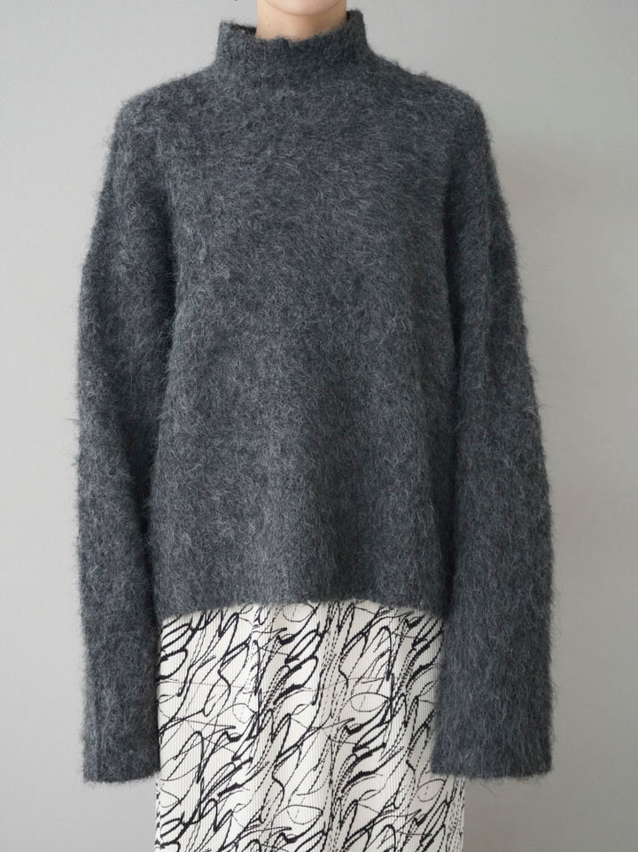 [Pre-order] High-neck wool blend mohair-touch shaggy knit pullover/charcoal