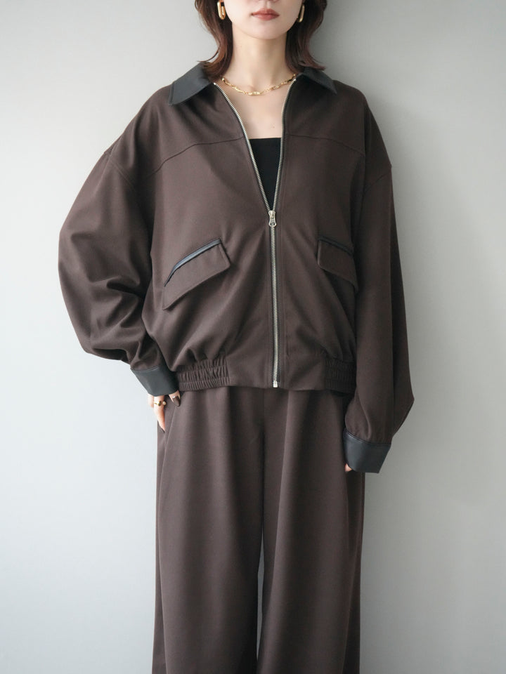 [予約]レザー襟配色パイピングブルゾン/brown