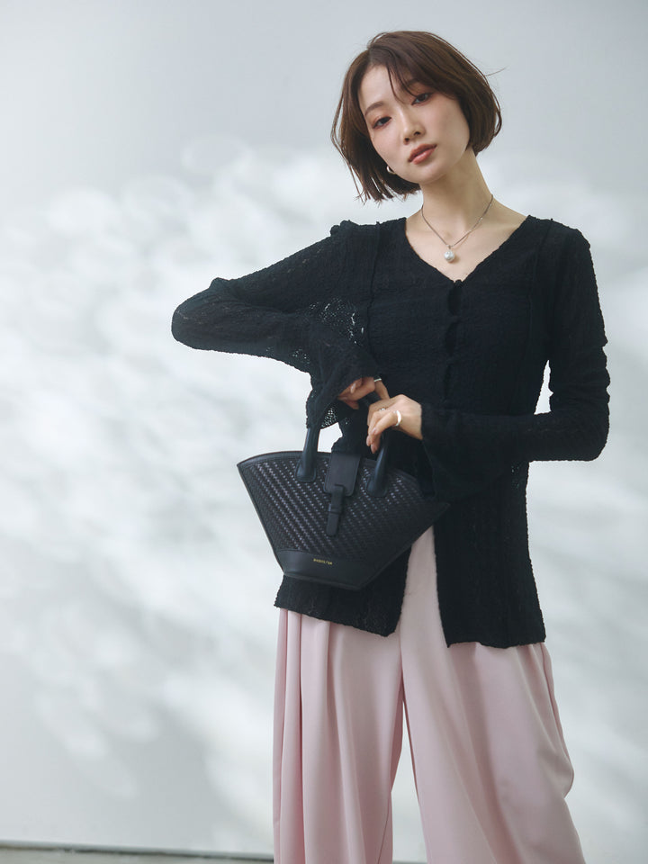 【Allure】[SET]ストレッチレースカーディガン+エステルツイルタックワイドパンツ(2set)