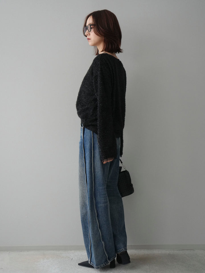 [SET]ラメシャギートップス+サイド切替カーブデニムパンツ(2set)