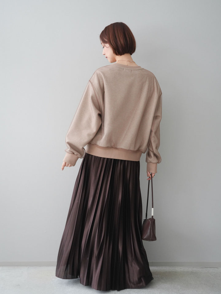[SET]チュールレイヤードロゴスエットプルオーバー+サテンプリーツマキシスカート(2set)