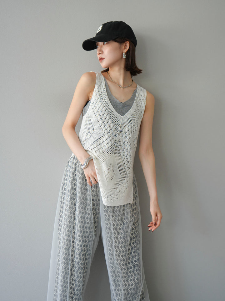 [予約]透かし編みレイヤードニットトップス/ホワイト