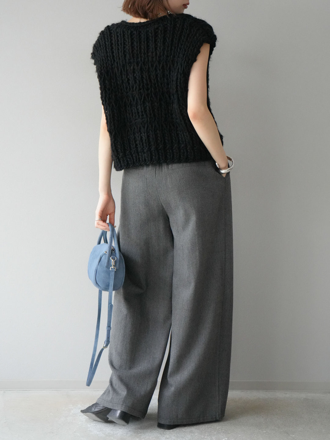[SET] 手編繩結背心+粗花呢觸感褶皺寬褲（2件組）