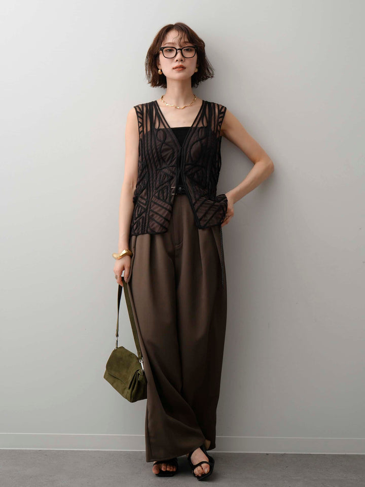 [SET]シアーコードデザインベスト+クレープデシンタックワイドパンツ(2set)
