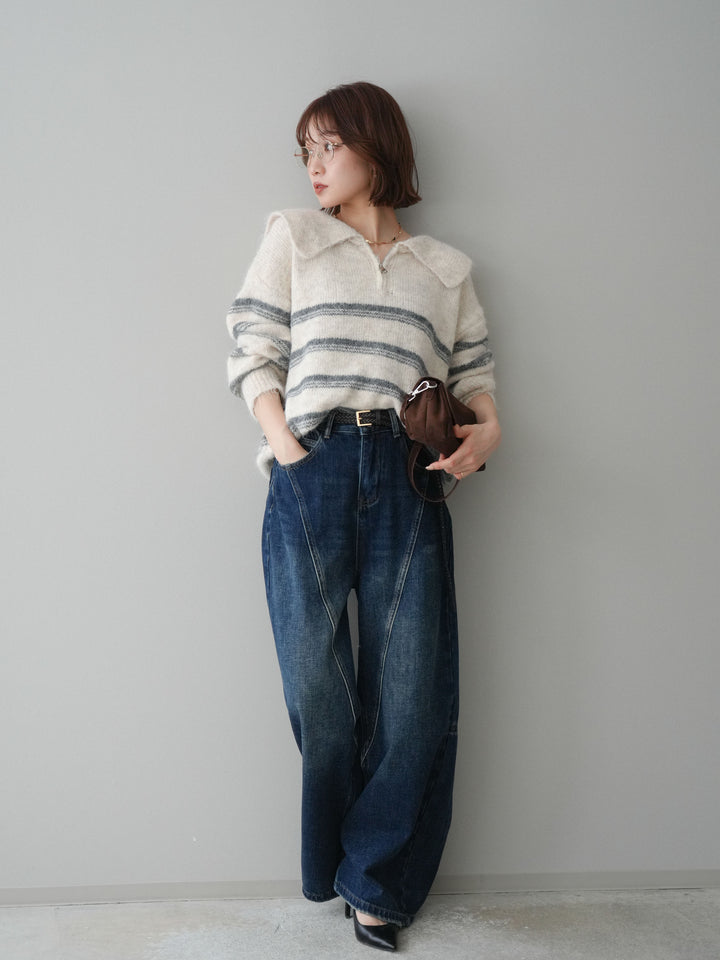 [予約]裏起毛加工デニムカーブパンツ/darkblue