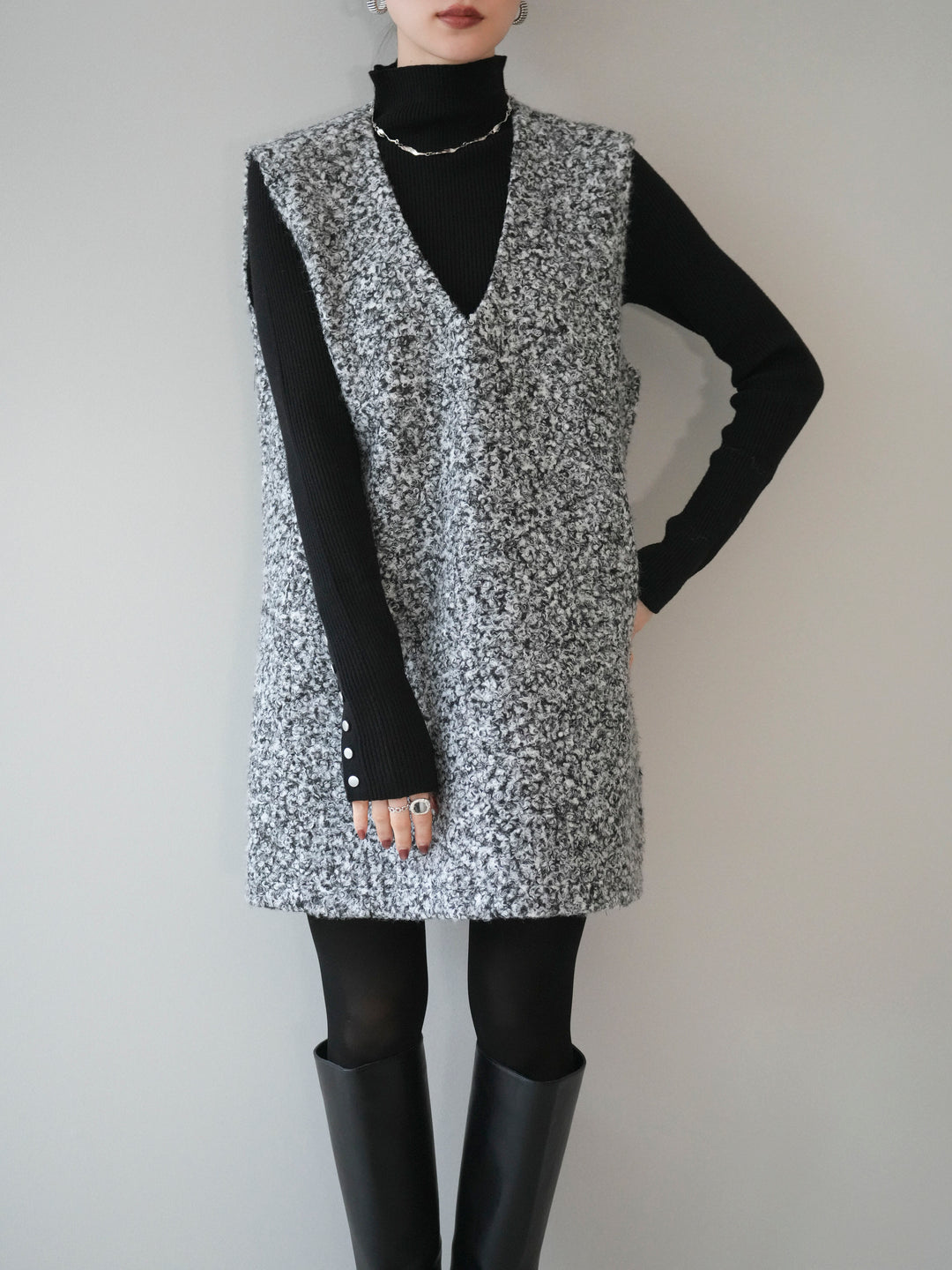 [予約]ミックスループヤーンニットミニワンピース/gray