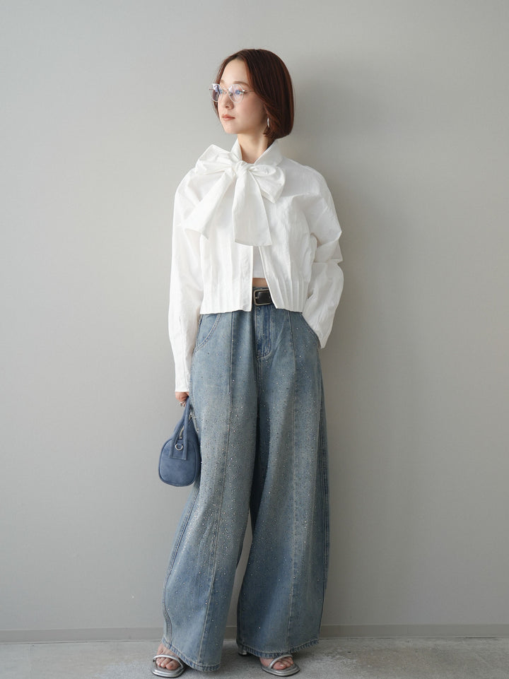 [SET]ボウタイ裾プリーツライトジャケット+フロントビジューカーブデニムパンツ(2set)