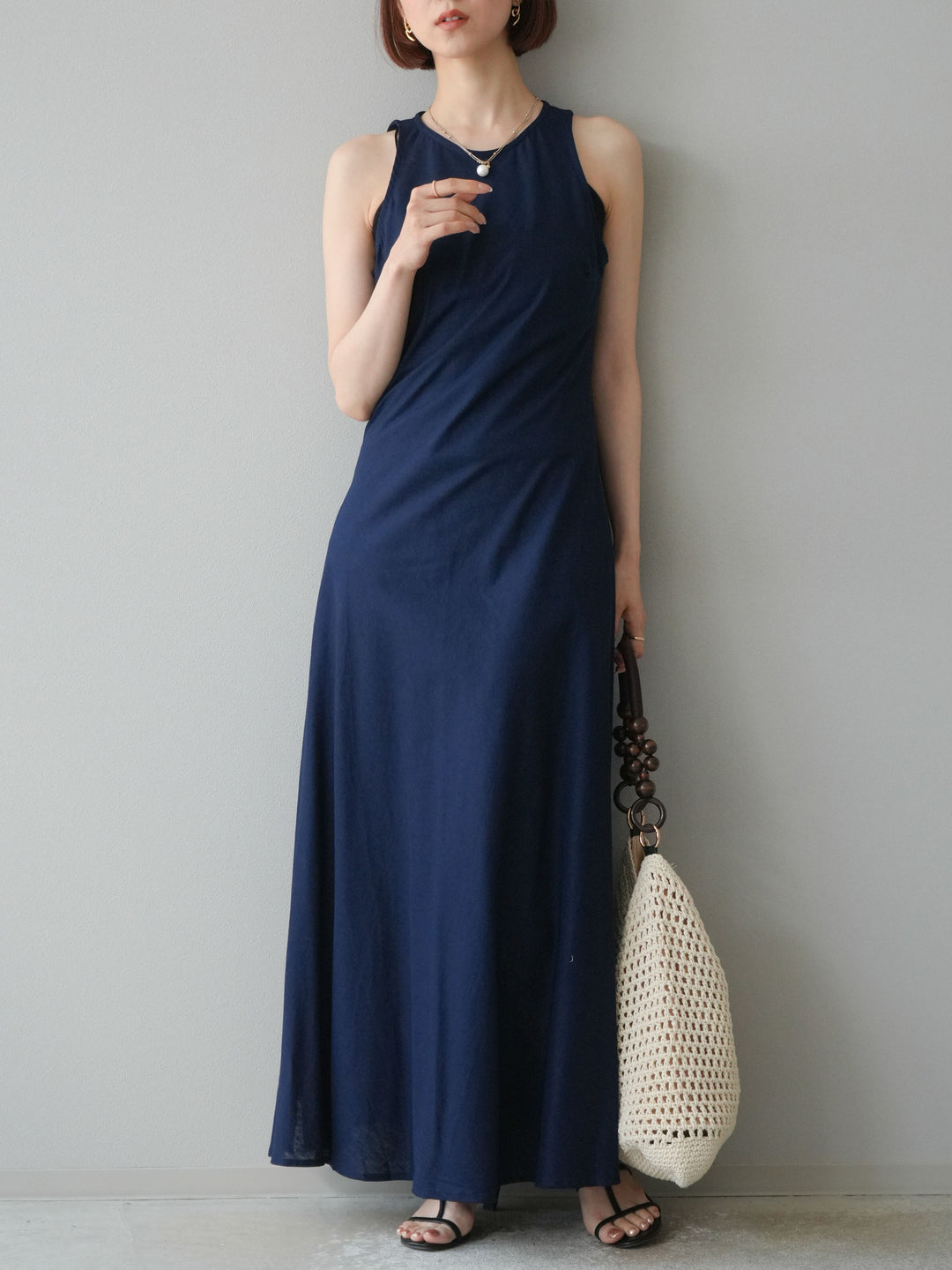 [予約]リネンタッチノースリーブワンピース/ネイビー