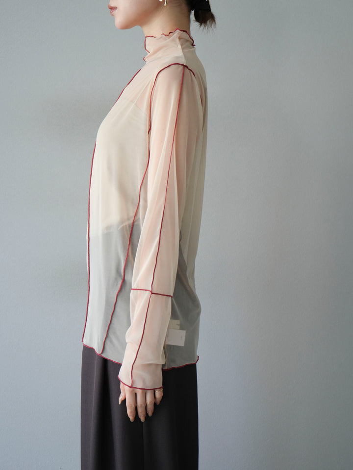 [予約]シアーパイピングカットソー/グレージュ×レッド