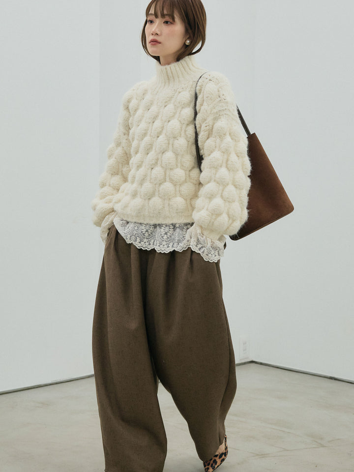 【Allure】[SET]ポップコーンハイネックニットプルオーバー+ハイネックレーストップス+モックスカルゼサイドタックコクーンパンツ(3set)