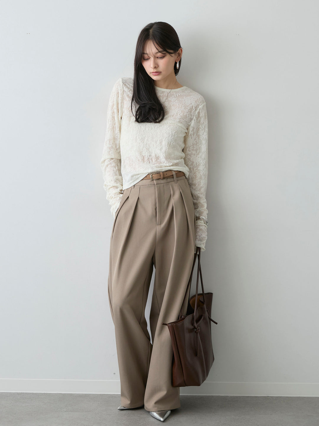 [SET]カットレースバックオープントップス+ツイルタックワイドパンツ(2set)