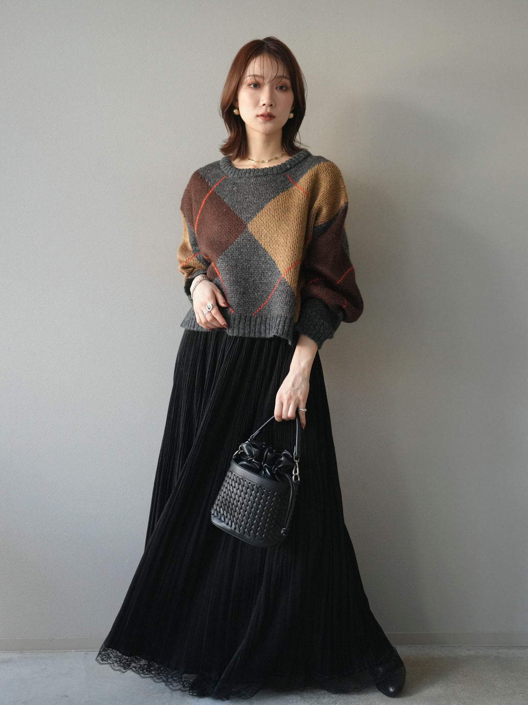 [SET]配色ステッチアーガイル柄ニットプルオーバー+裾レーススウェードプリーツマキシスカート(2set)