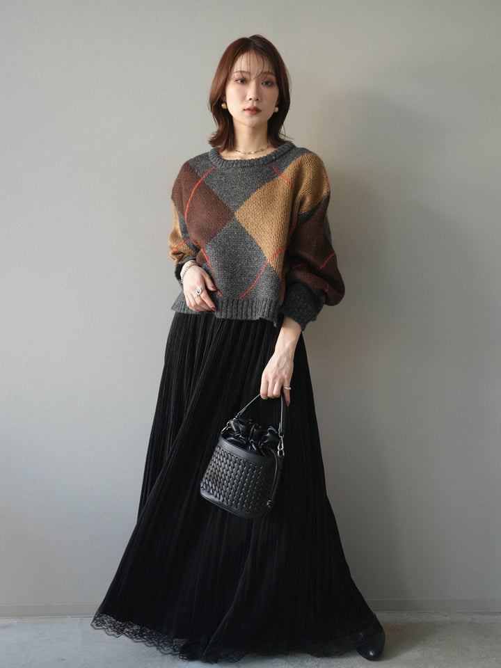 [SET]配色ステッチアーガイル柄ニットプルオーバー+裾レーススウェードプリーツマキシスカート(2set)