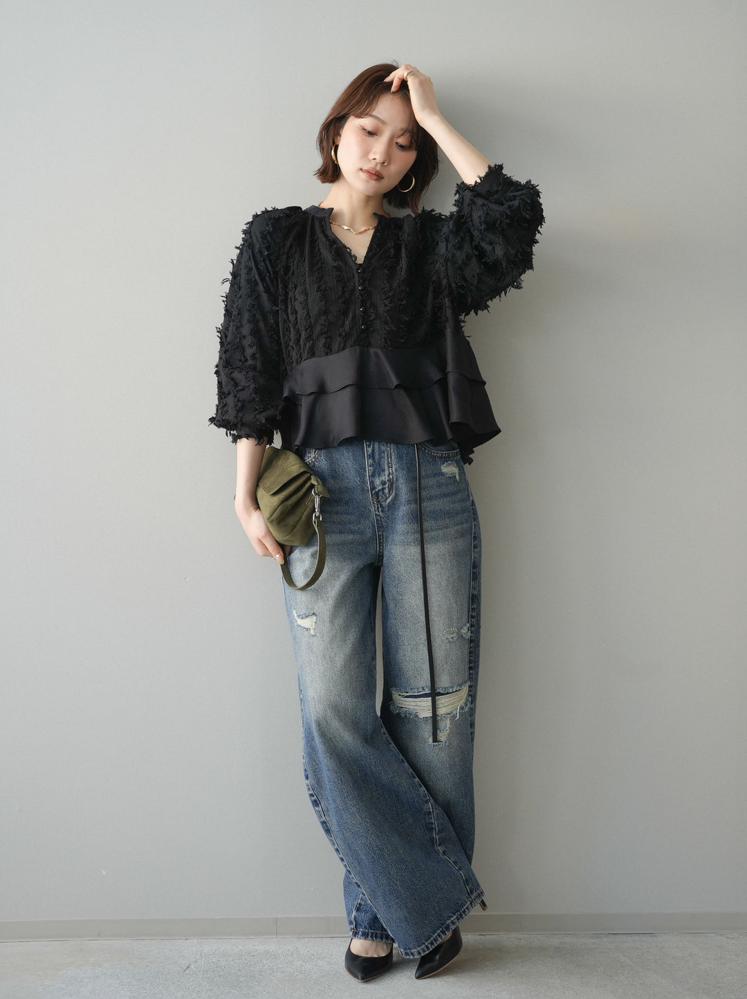 [SET]ジャガードぺプラムフリルブラウス+ダメージデニムセミワイドパンツ(2set)