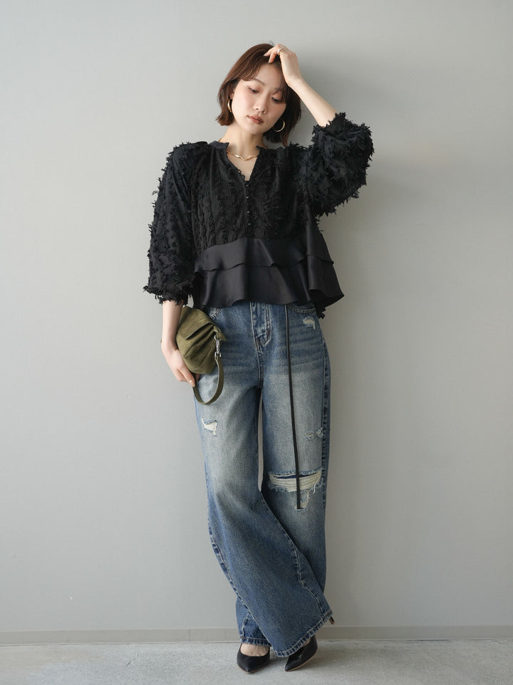 [SET]ジャガードぺプラムフリルブラウス+ダメージデニムセミワイドパンツ(2set)