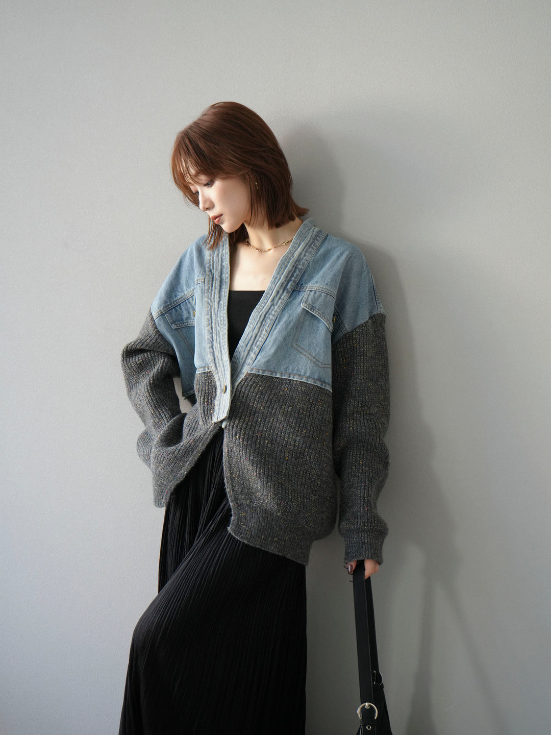 [予約]デニム切替ネップニットカーディガン/グレー