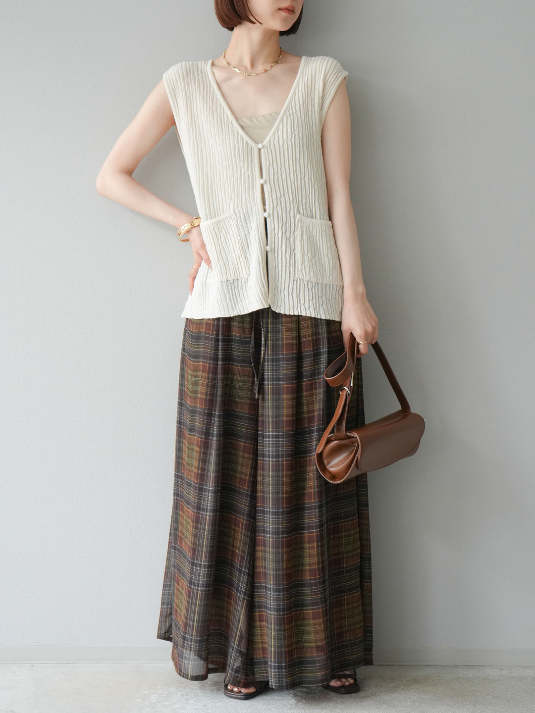 [預購] 透視格紋寬鬆褲/棕色