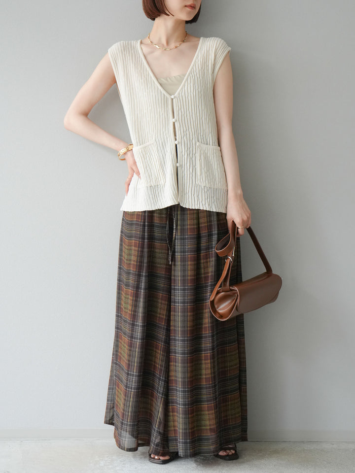 [預購] 透視格紋寬鬆褲/棕色