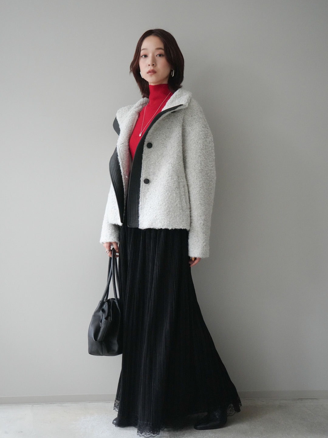 [SET]レザー切替ブークレブルゾン+袖ボタンボトルネックリブニットトップス+裾レーススウェードプリーツマキシスカート(3set)