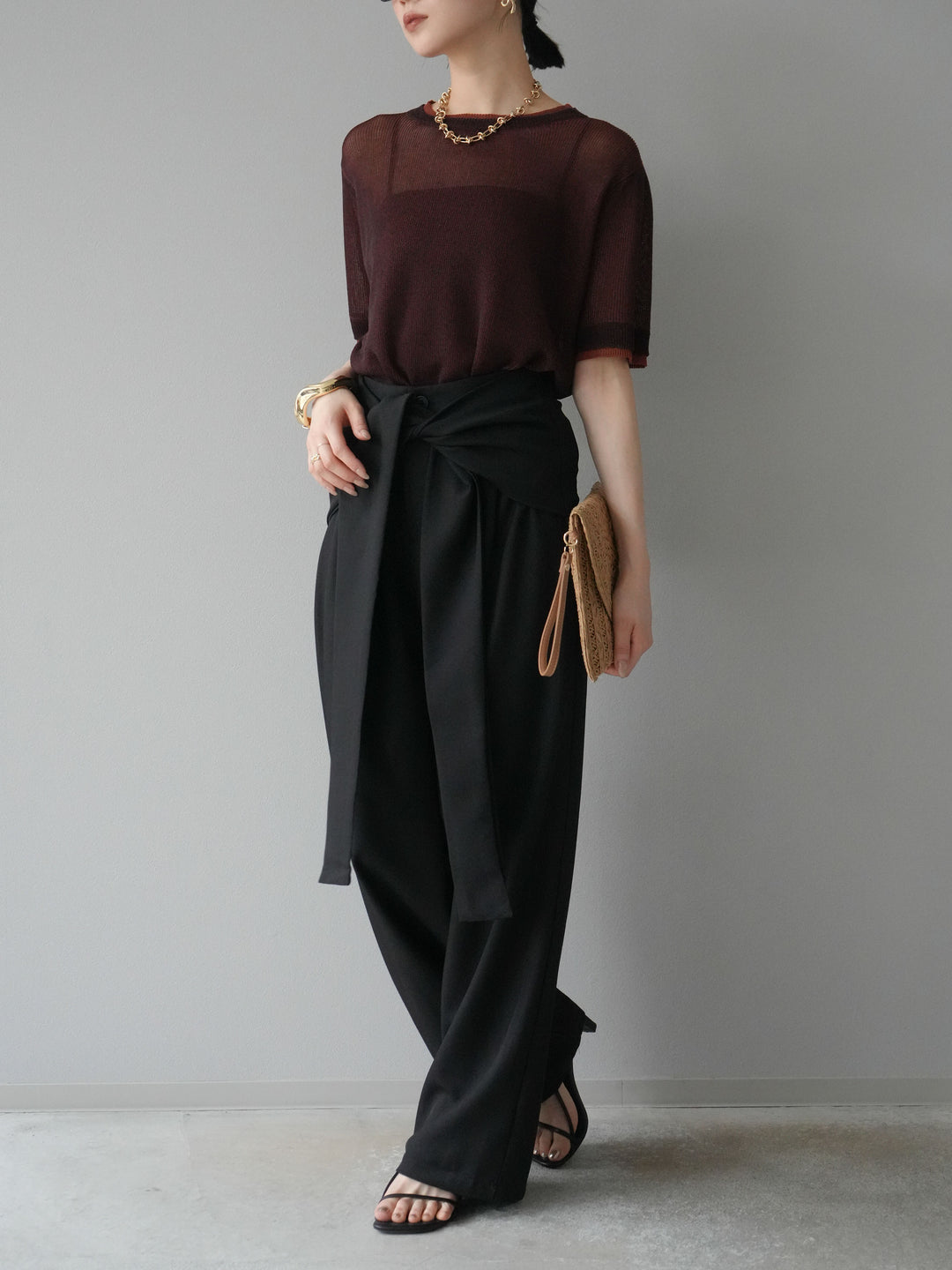 [SET]リネンタッチ配色二重臼ハーフニットトップス+ウエスト巻きデザインワイドパンツ(2set)