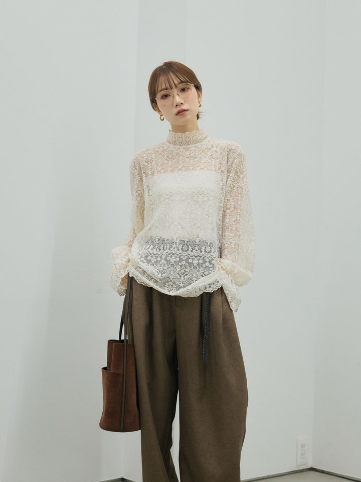 【Allure】[SET]ハイネックレーストップス+モックスカルゼサイドタックコクーンパンツ(2set)