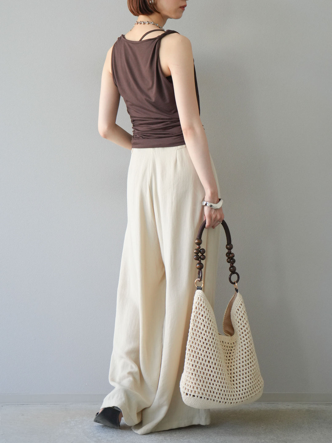 【預購】繩紋設計腰帶亞麻觸感寬褲/米色