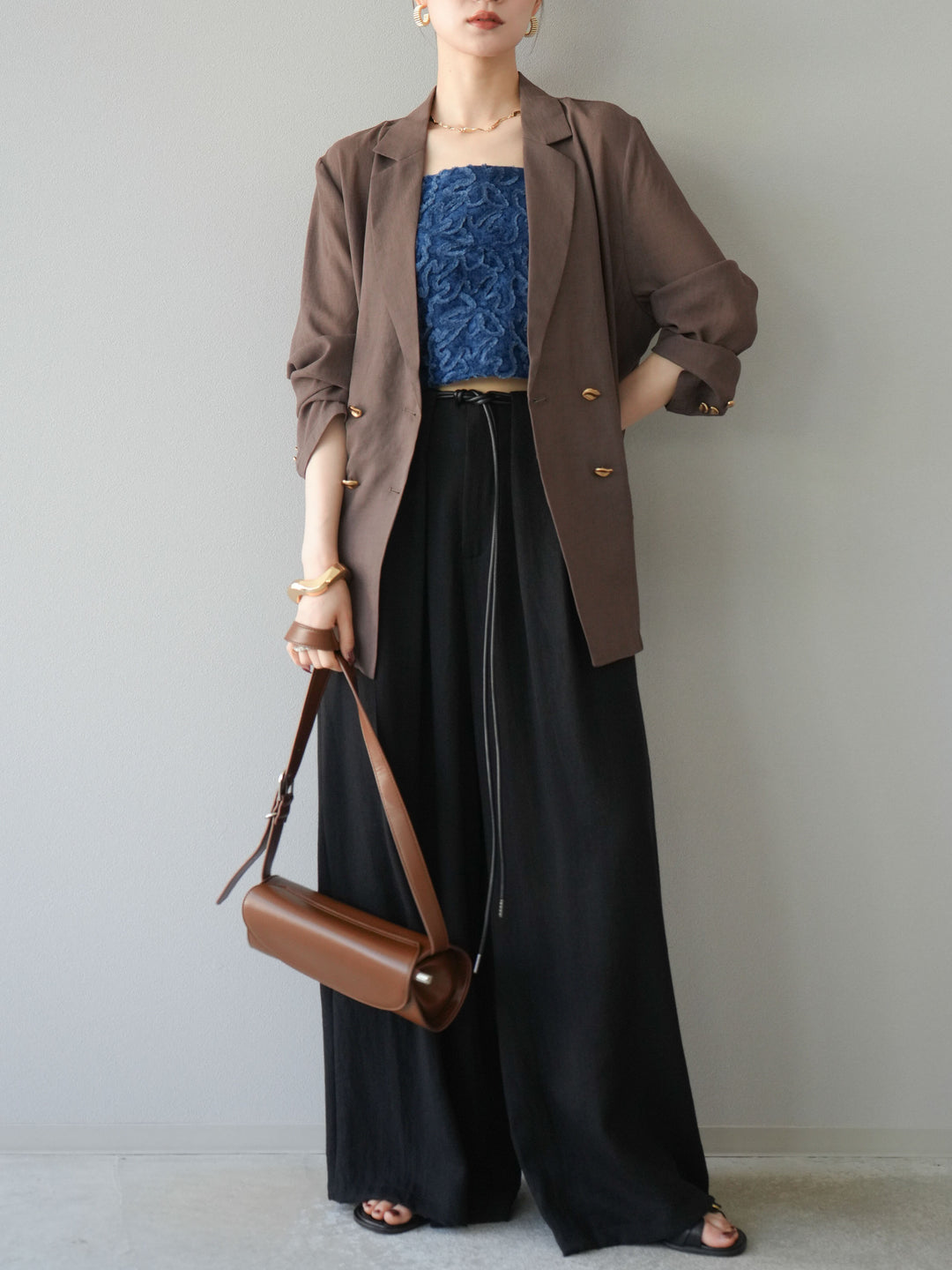 [予約]ロープデザインベルトリネンタッチワイドパンツ/ブラック