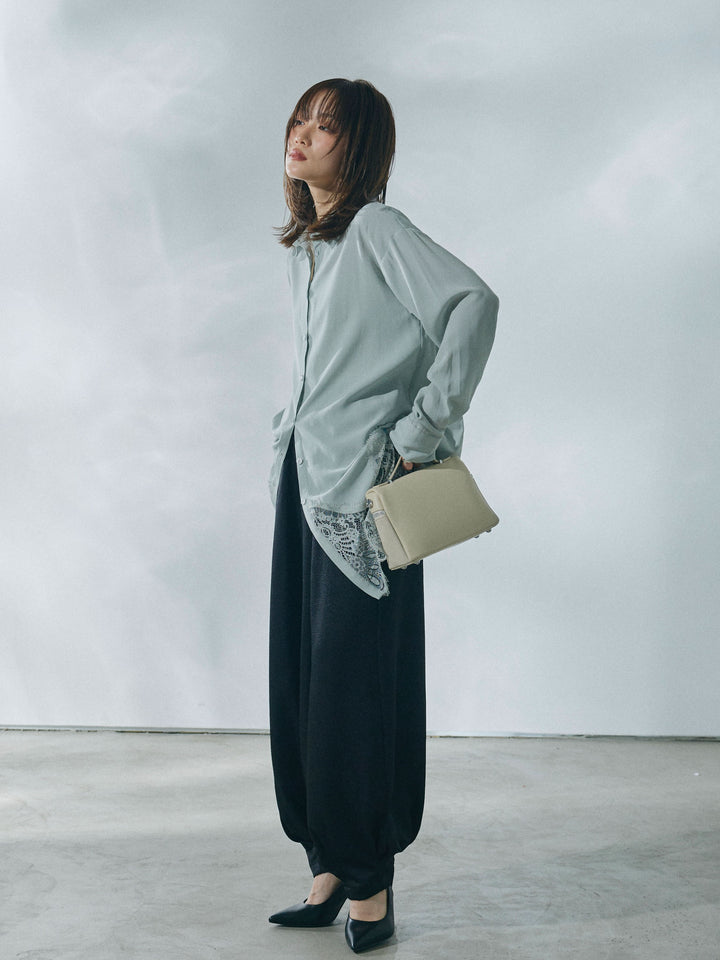 【Allure】[SET]裾レースポプリンシャツ+ワッシャーサテンタックジョガーパンツ(2set)