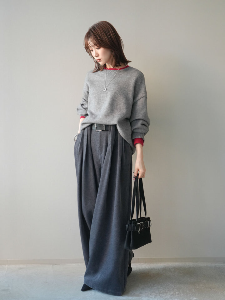 [SET]ヘンリーネック配色レイヤードニットプルオーバー+ベルトデザインループコールテンワイドパンツ(ベルト付き)(2set)
