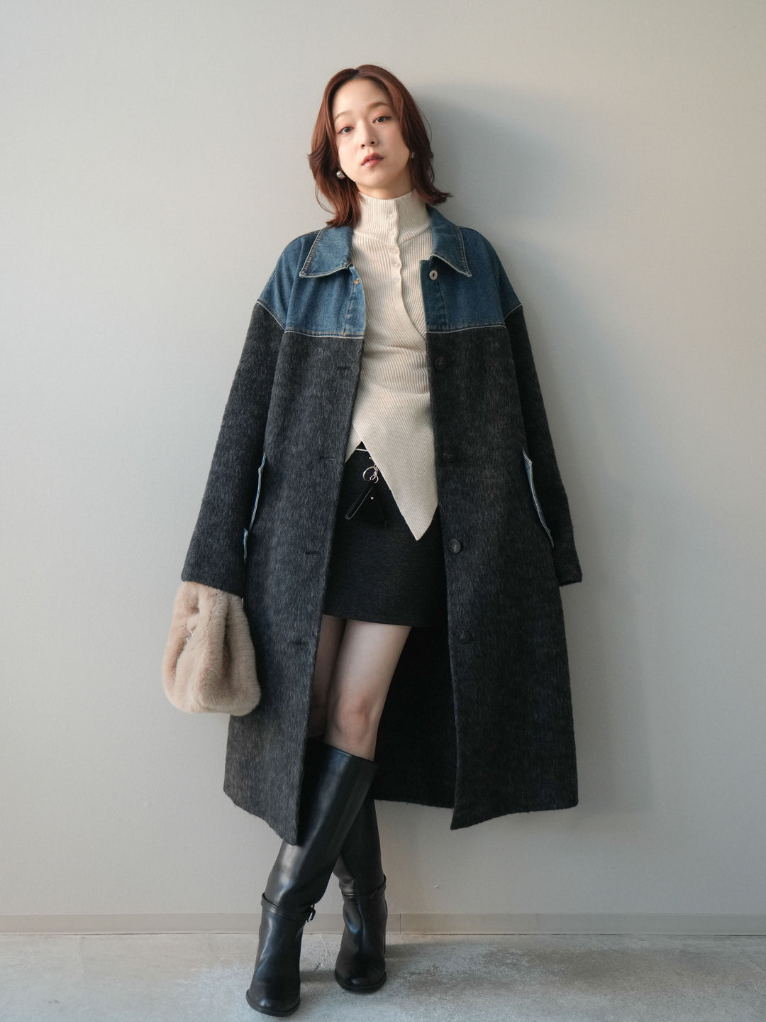 [予約]ウールタッチベルト付ミニスカート/black