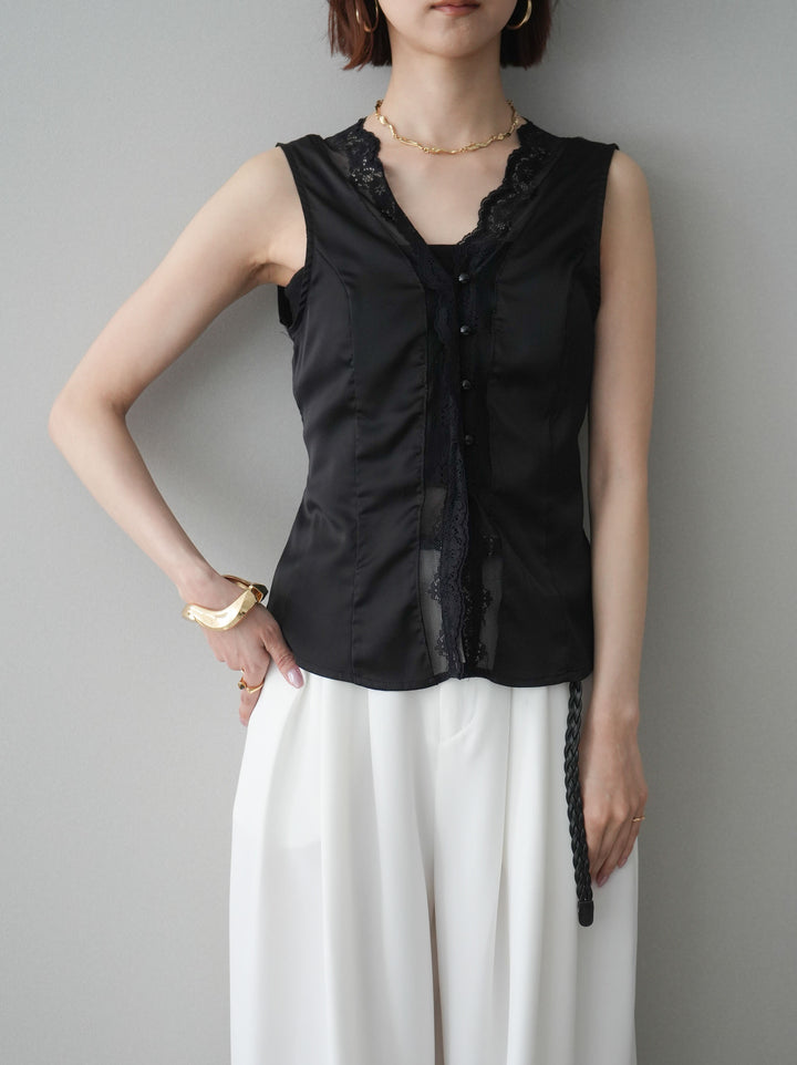 [予約]ノースリサテンレースキャミソール/black