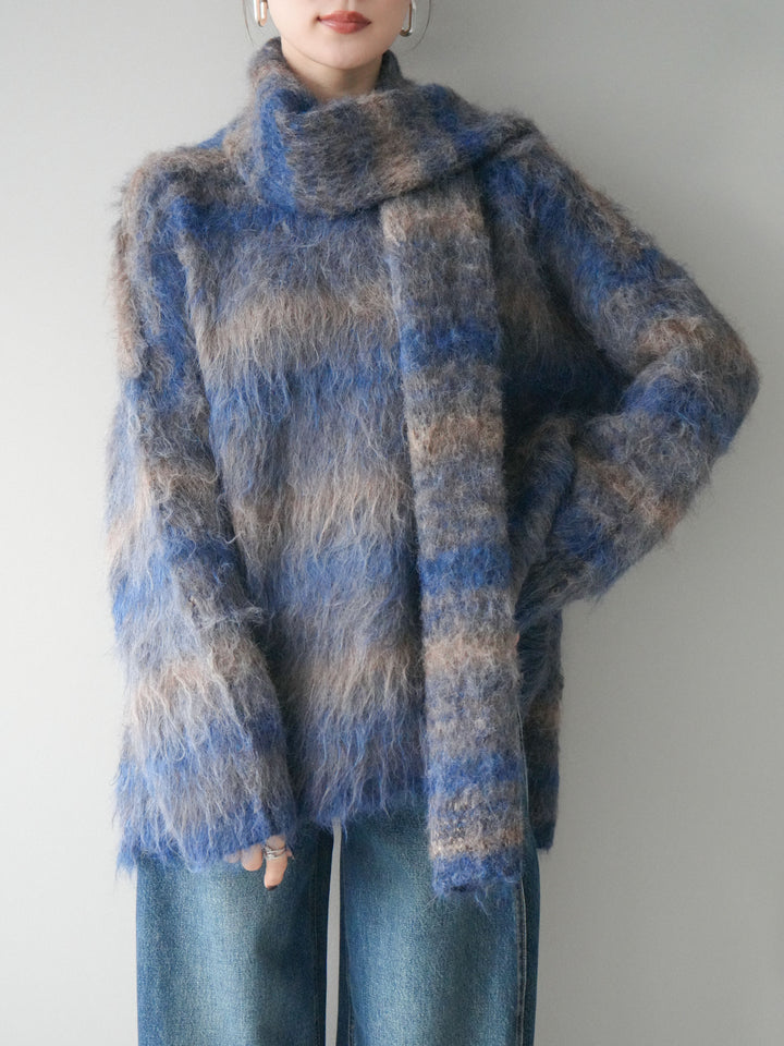 [予約]ストール付シャギーマルチボーダーニットプルオーバー/blue