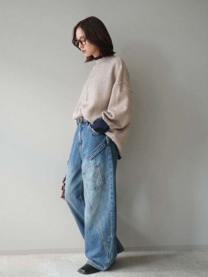 [SET]配色ハイネックニットプルオーバー+ペインターカーブデニムパンツ(2set)