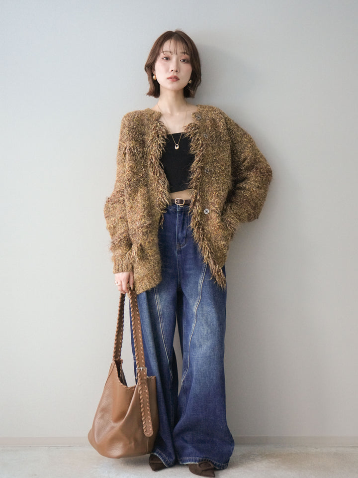 [SET]ミックスヤーンフリンジデザインニットジャケット+裏起毛加工デニムカーブパンツ(2set)