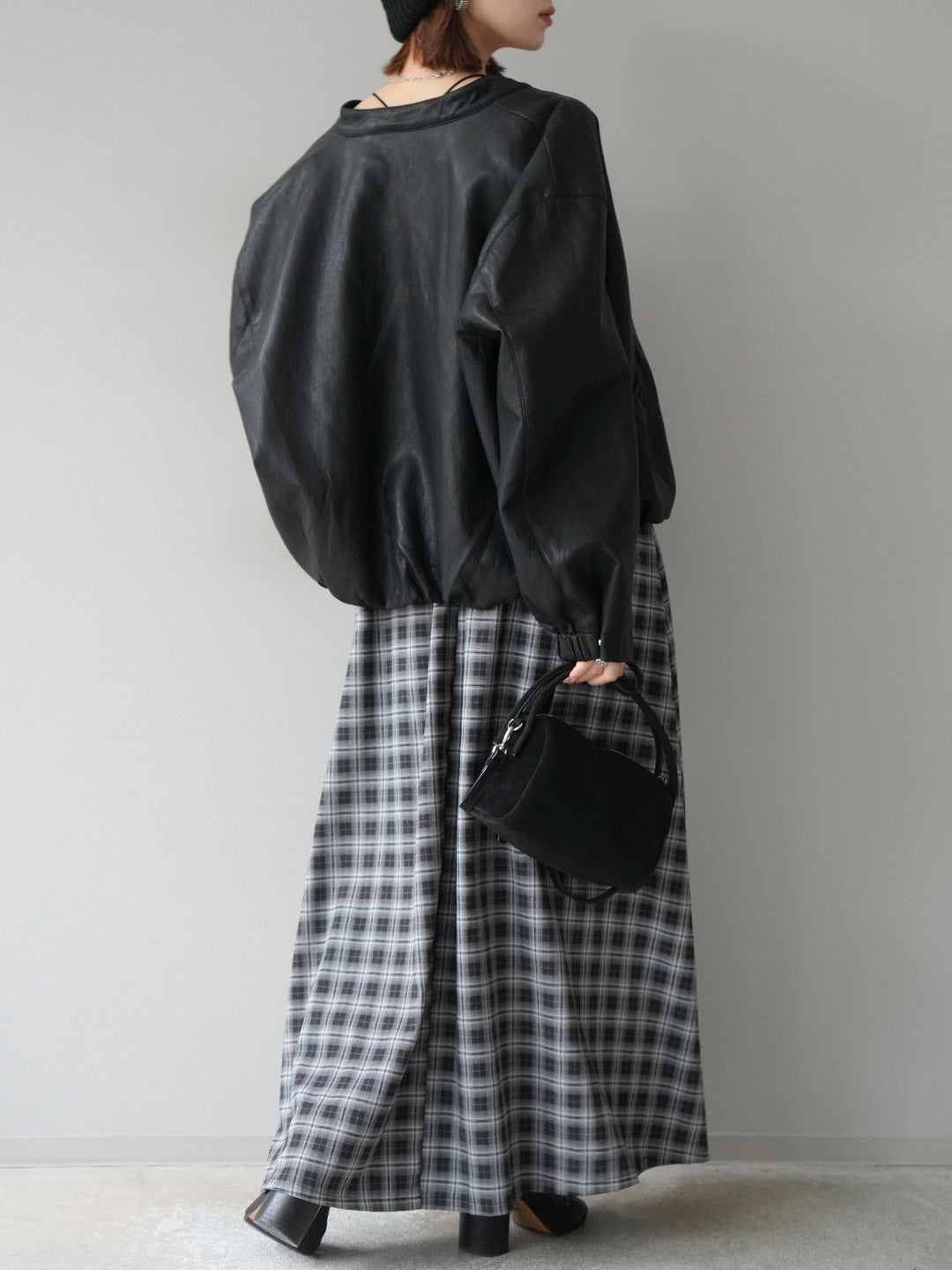 [予約]チェックタックフレアロングスカート/ ブラック