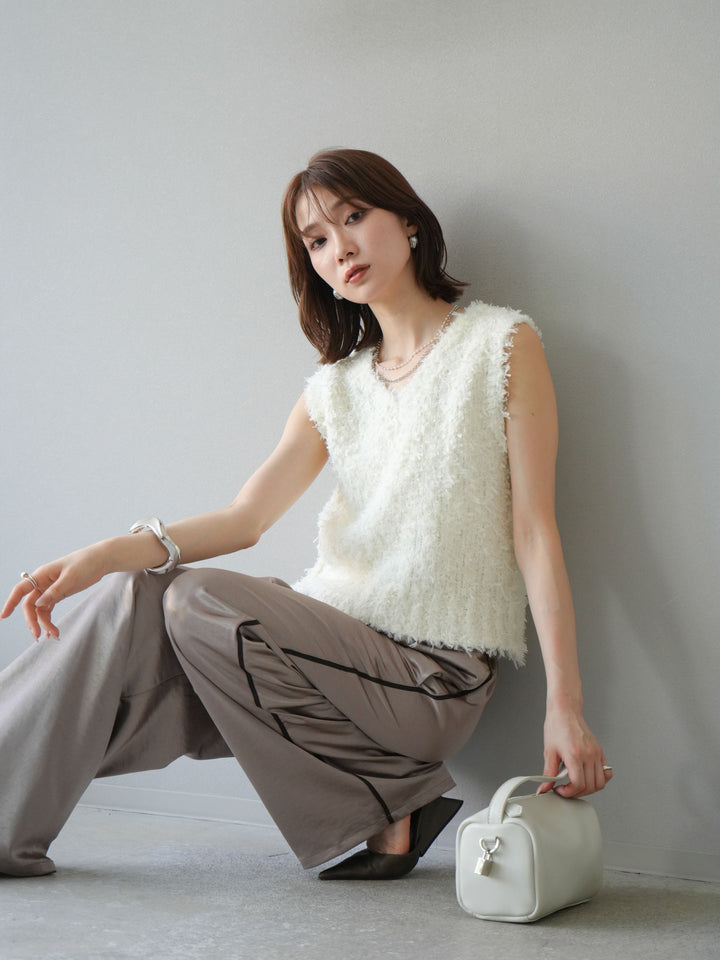 [予約]テープヤーンフリンジニットベスト/アイボリー