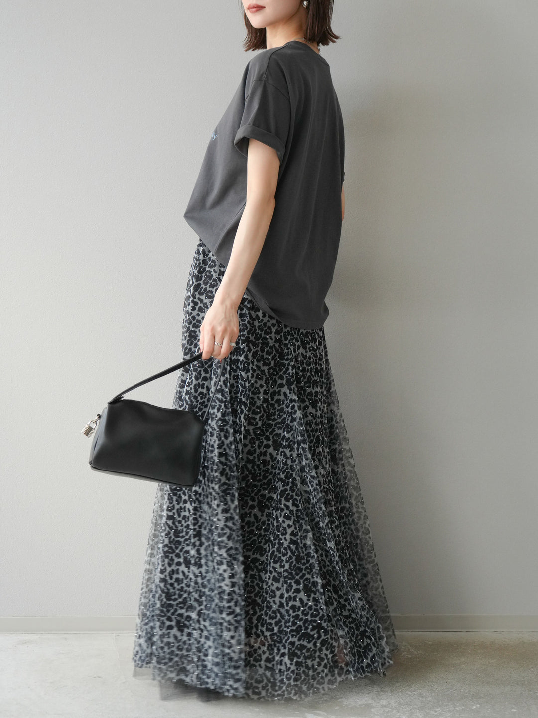 [予約]レオパードチュールレイヤードプリーツスカート/ブラック