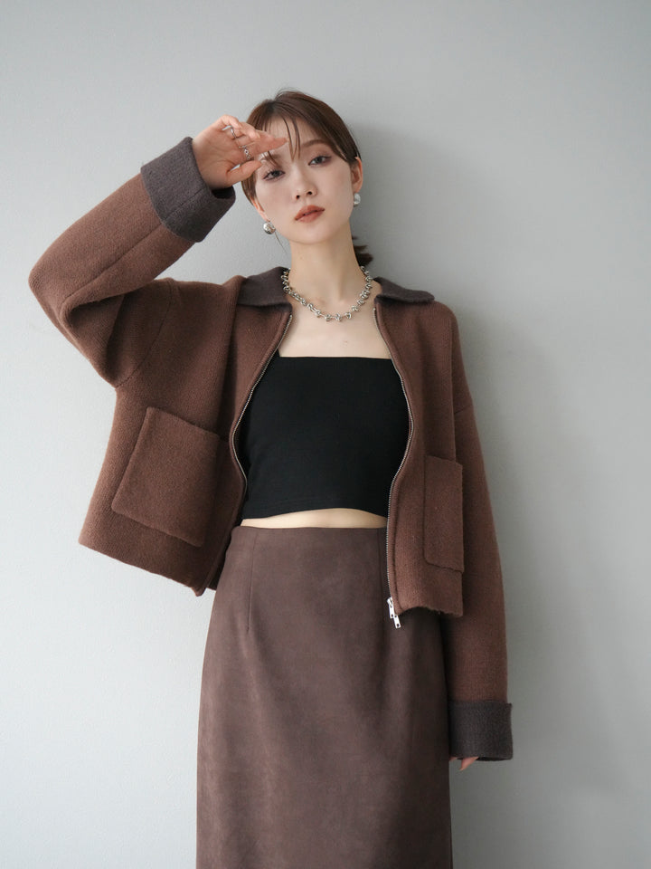 [予約]ポロ襟ジップニットカーディガン/キャメル