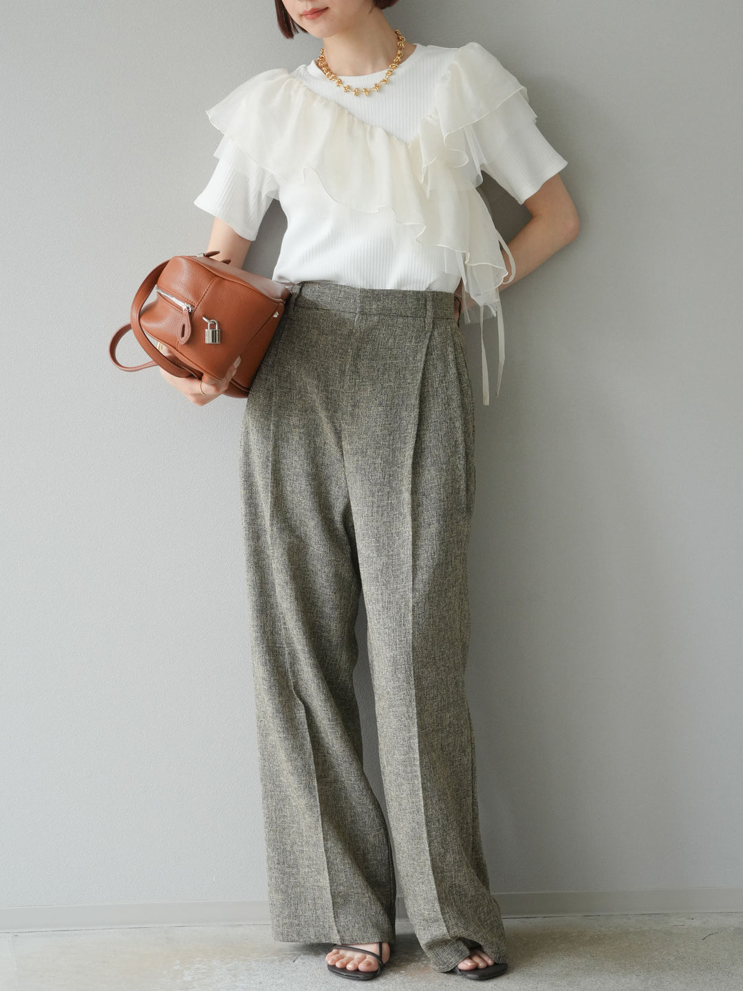 [予約]ミックスツイードタックパンツ/ブラウン