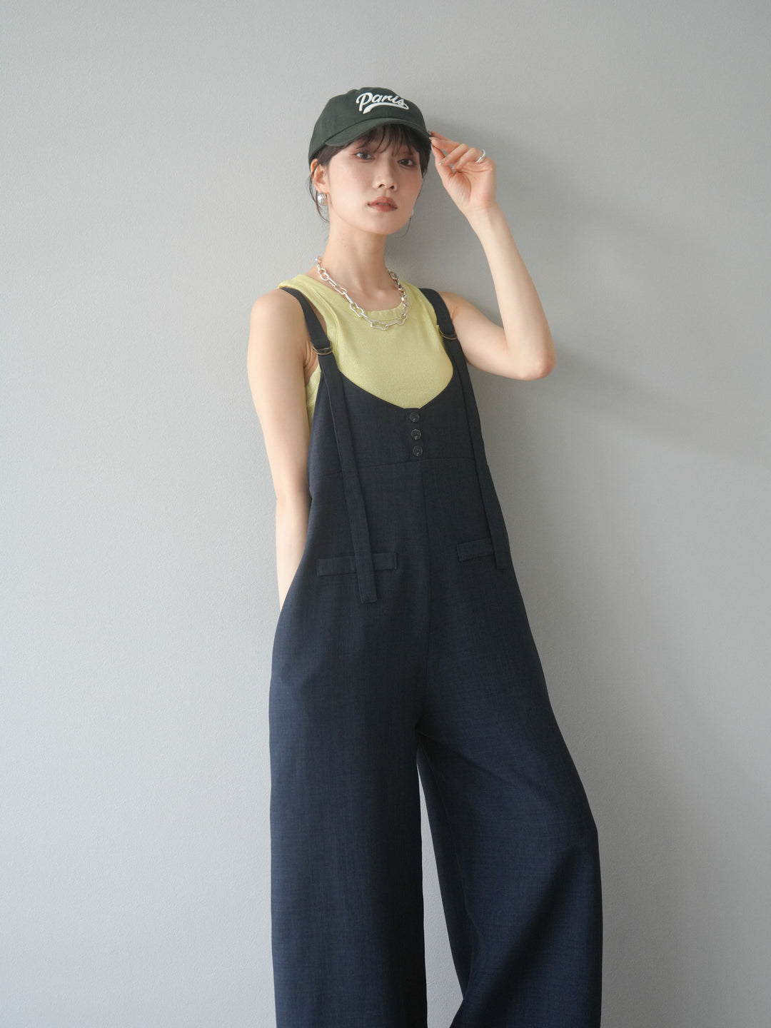 [予約]リネンタッチボタンサロペット/チャコール