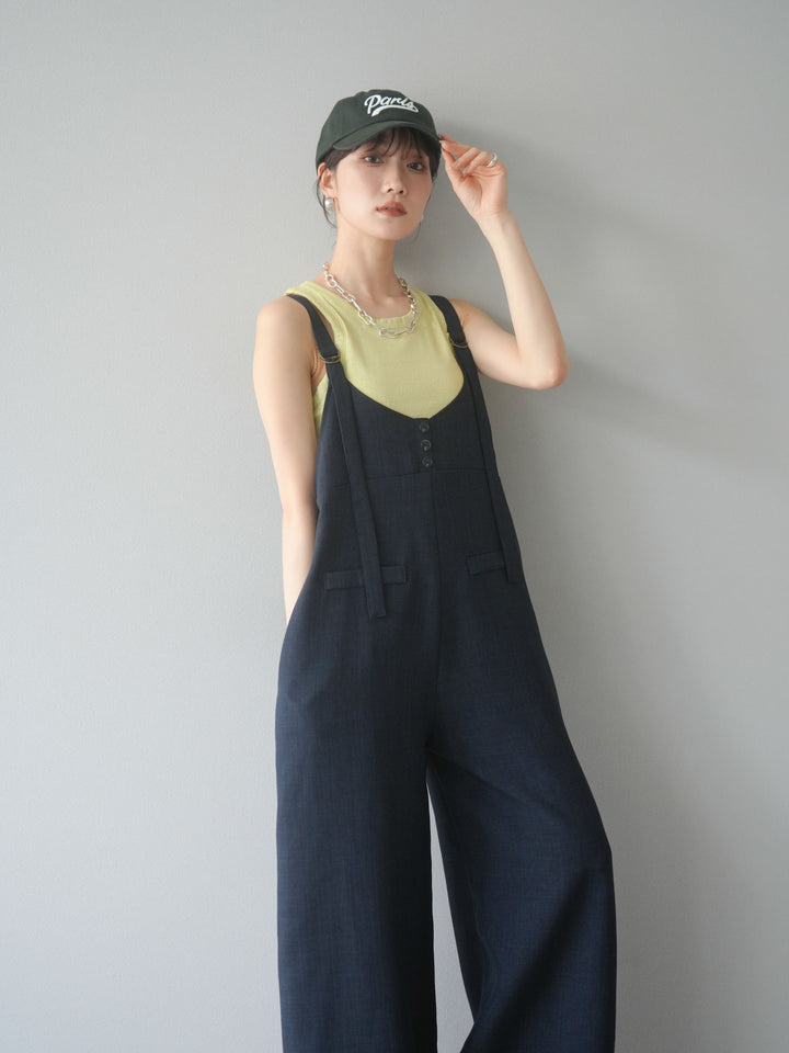 [予約]リネンタッチボタンサロペット/チャコール