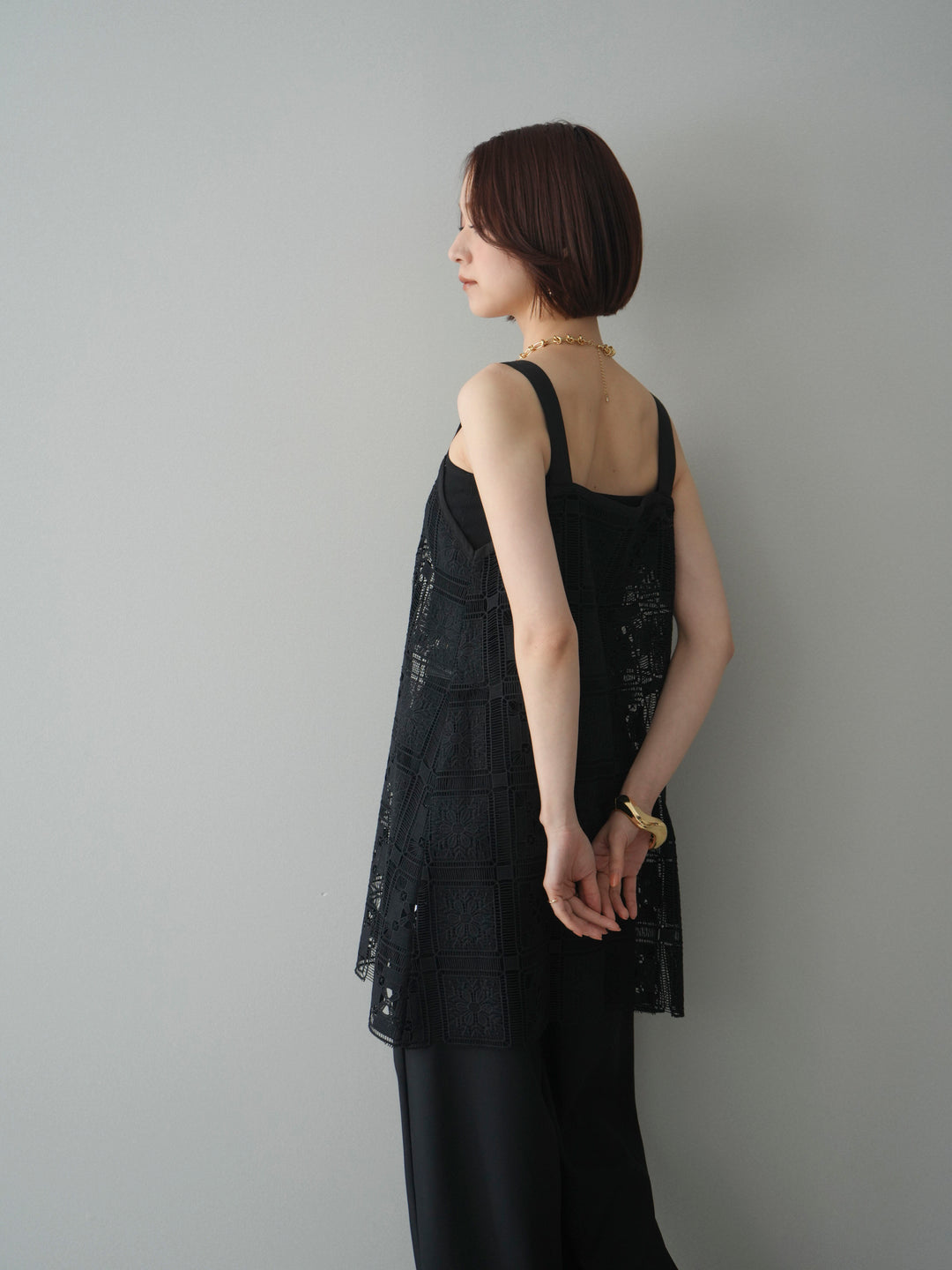 [SET]配色パネルレースキャミソール+ベルト付キーホルダーモチーフワイドパンツ(2set)