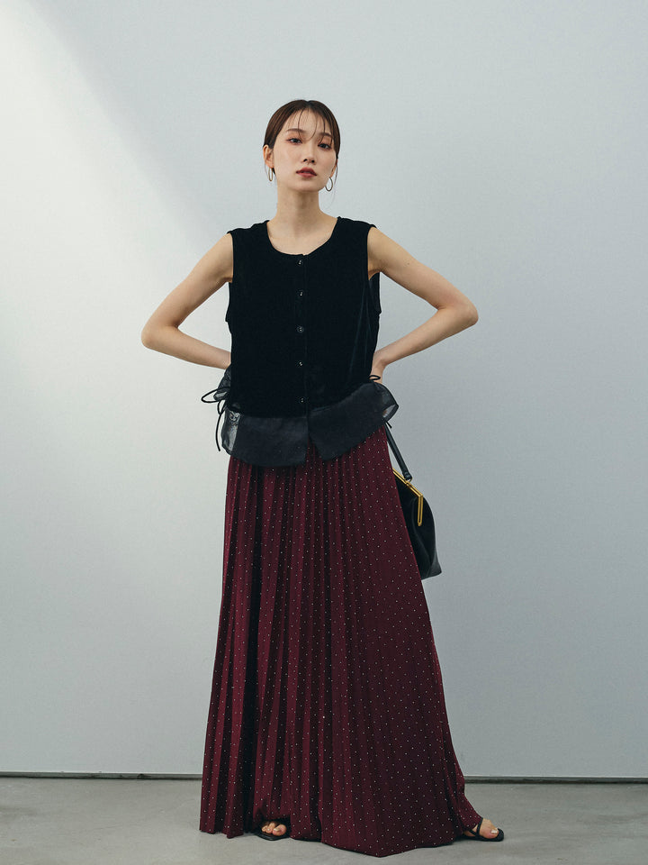 [SET]裾チュールベロアノースリーブプルオーバー+ラインストーンプリーツスカート(2set)