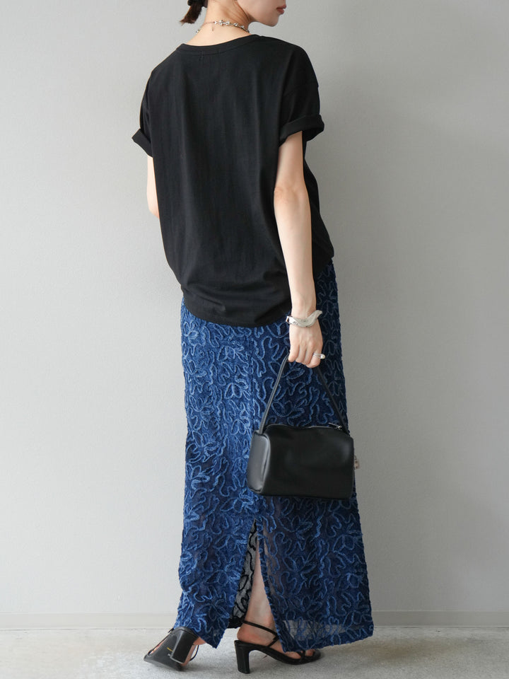 [予約]パイピングフラワーシアーベロアスカート/ネイビー