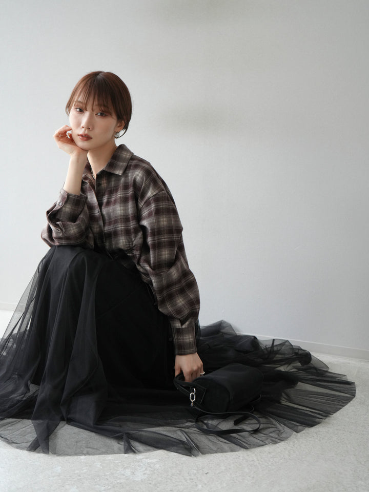 [予約]ドロストクロップネルチェックドシャツ/ブラウン