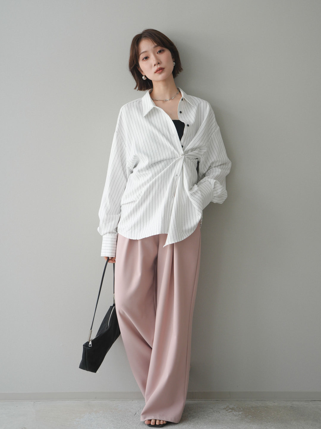 [SET]2WAYカシュクールストライプブラウス+ベルト付キーホルダーモチーフワイドパンツ(2set)